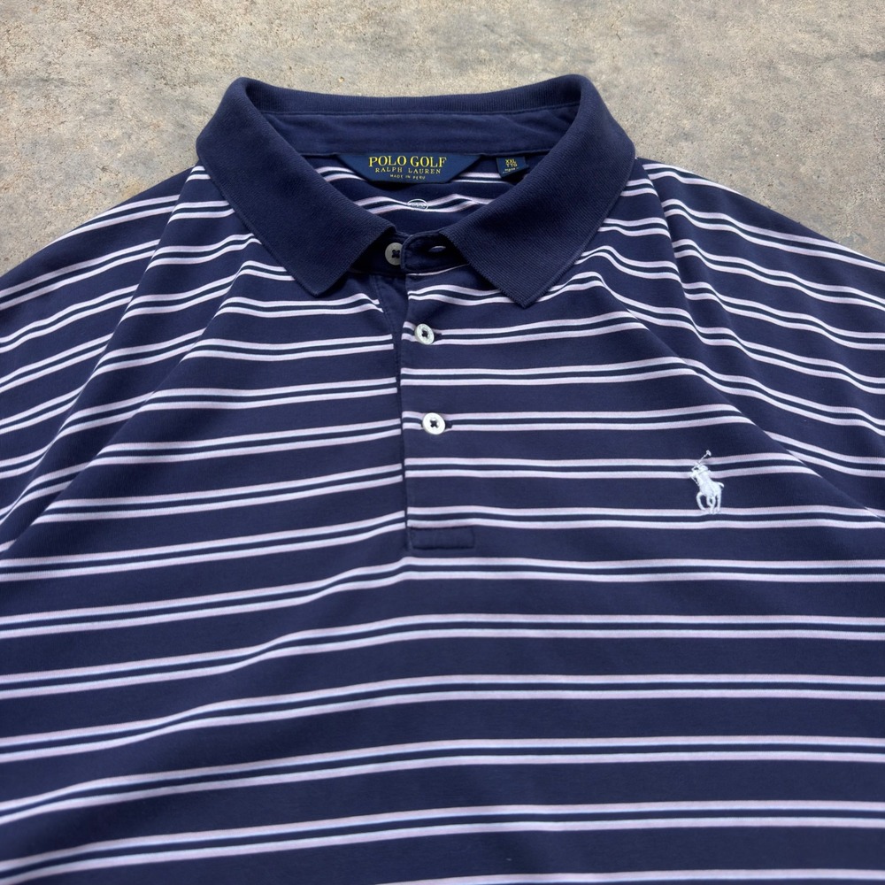 Vintage 90s Polo Golf Ralph Lauren Striped Workwear Polo Navy Pink XXL (c2)